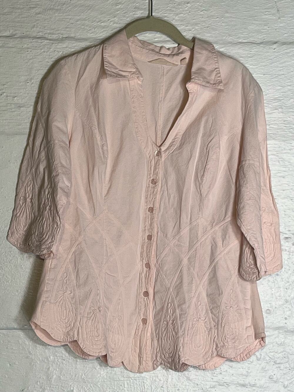 Soft Surroundings Pink Button Front Scalloped Hem Work Of Art Shirt Size Small